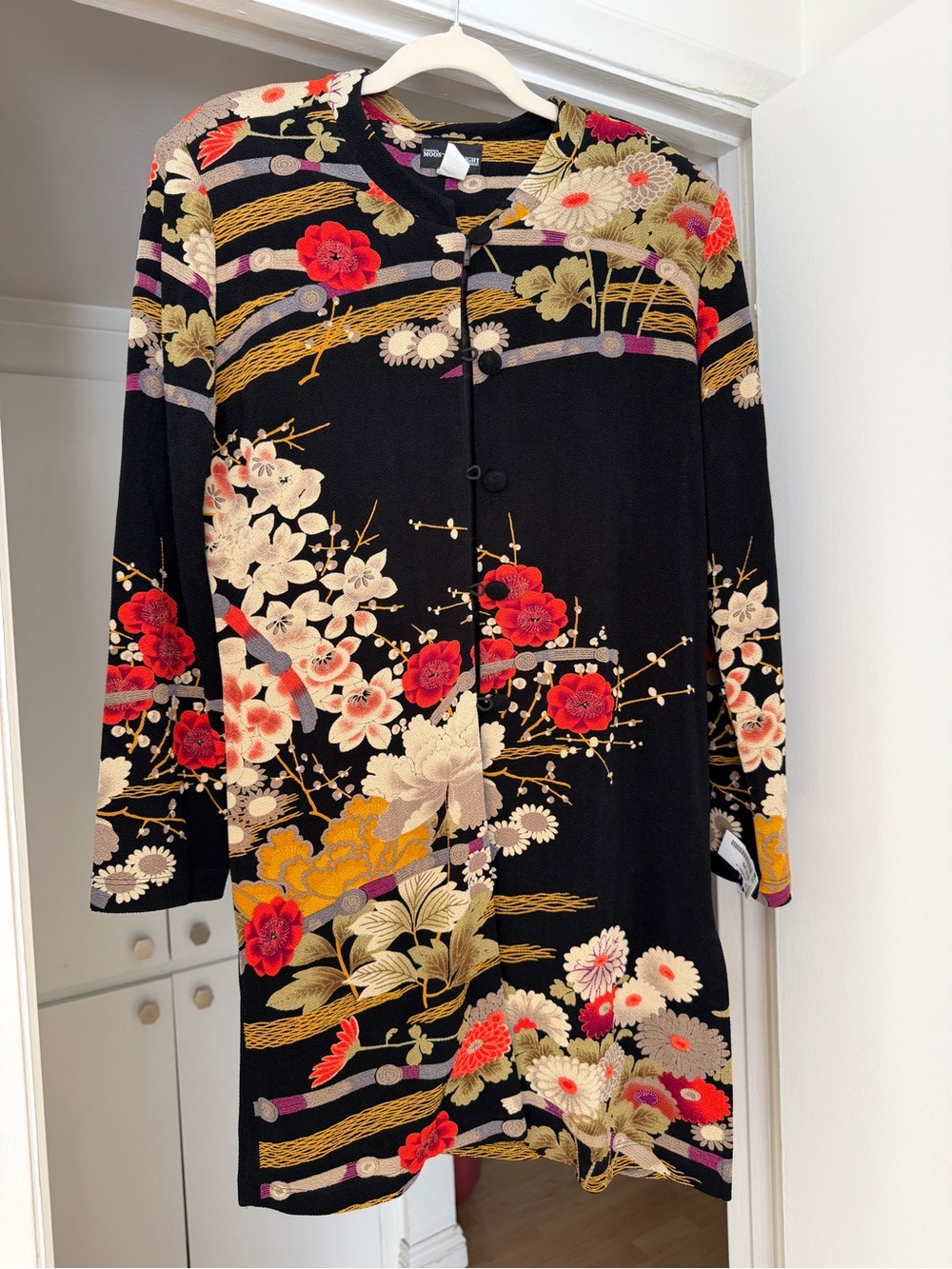 Connie Blk long Sleeve Duster with Red, Cream & Gold Floral Asian Inspo Print
